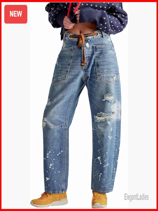 Denim - Wide Leg Barrel Jeans Mid Rise Drawstring Boyfriend Fit Denim Pants